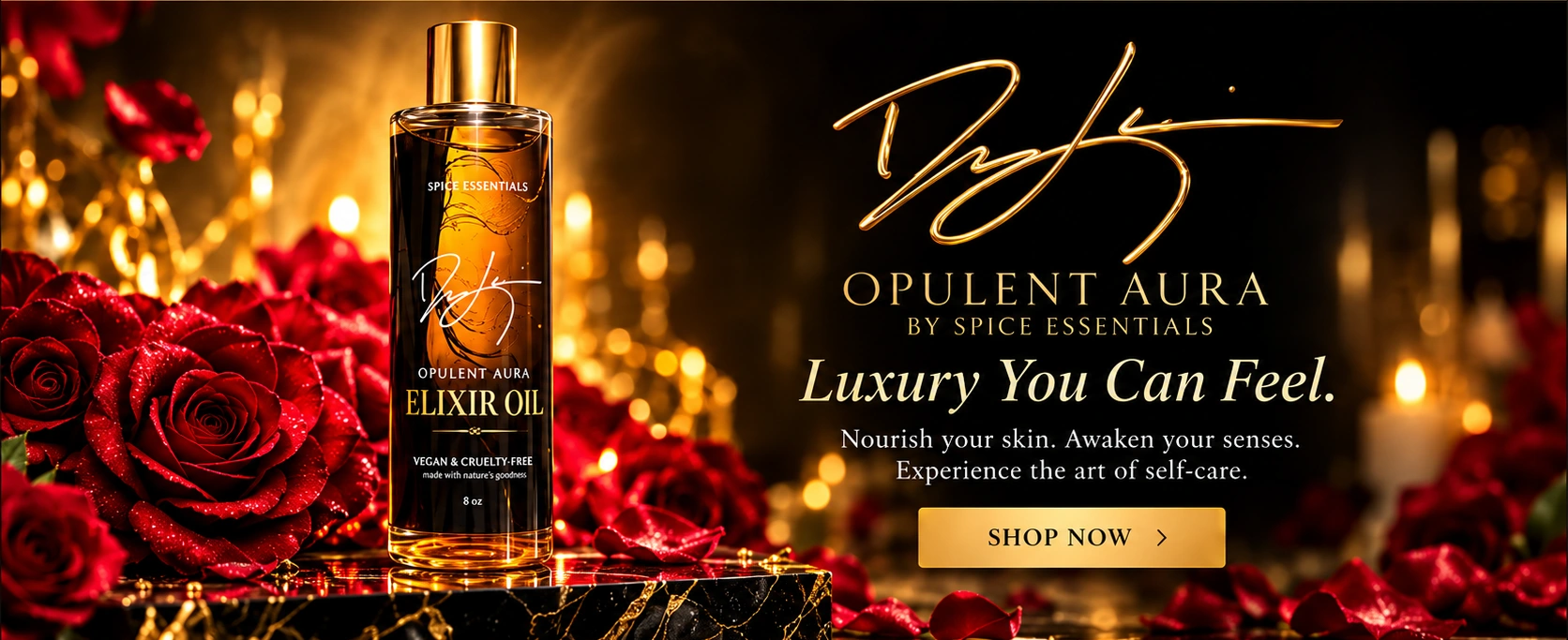 Opulent Aura Elixir Oil in a gold and black luxury setting with red roses